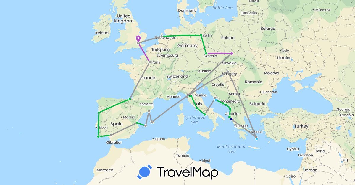 TravelMap itinerary: driving, bus, plane, train, boat in Albania, Czech Republic, Germany, Spain, France, United Kingdom, Greece, Croatia, Hungary, Italy, Montenegro, Netherlands, Poland, Portugal (Europe)